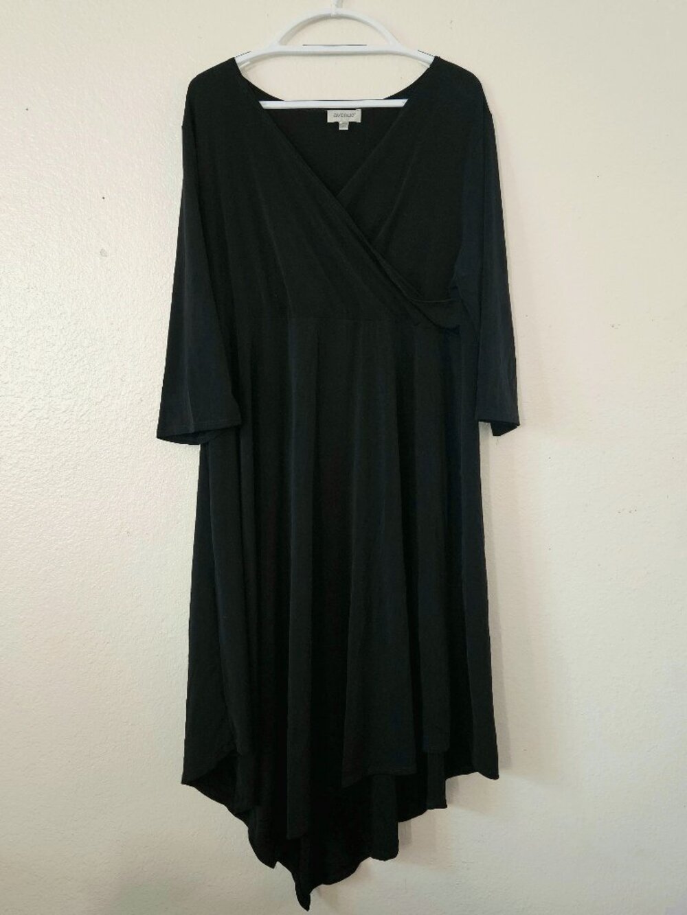 Avenue 18 / 20 Black Dress Asymmetrical Hankerchief Hem Draped Wrap 3/4 Sleeve